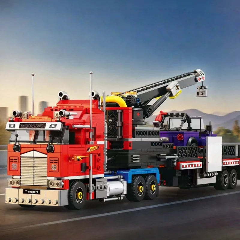 New heavy-duty truck building block sets in various styles, including containers, tank trucks, cranes, and RV vehicle constructi