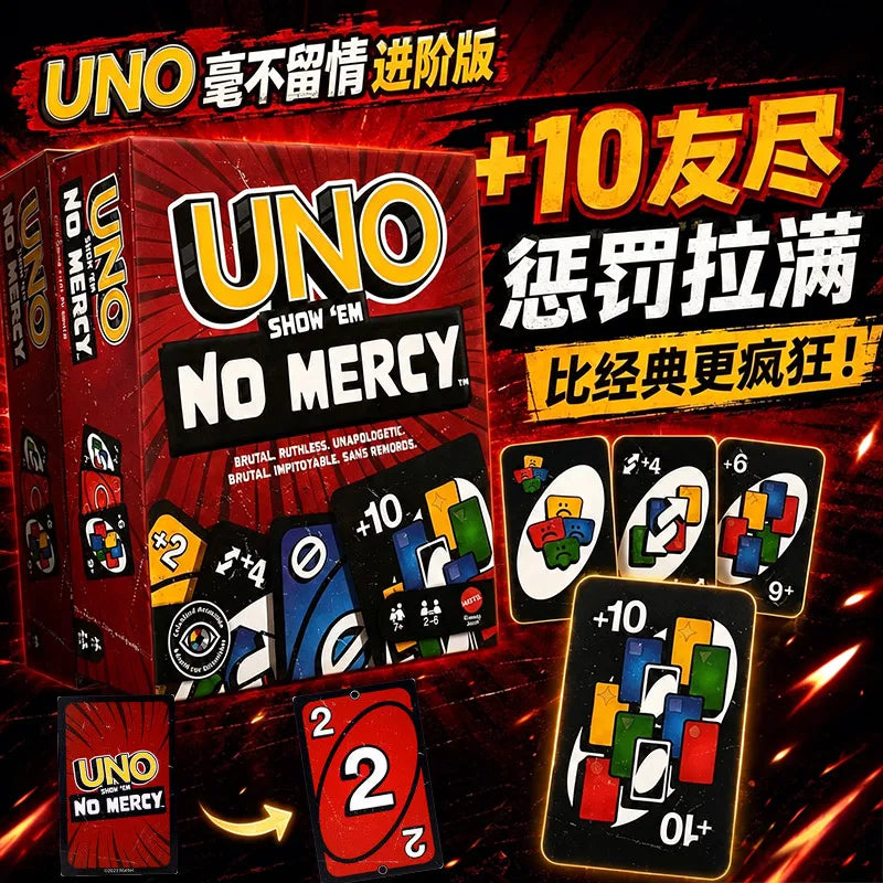 Original Mattel UNO Show ‘Em No Mercy Card Game Deck Poker Geunine Brand Christmas Gifts Family Parties/Travel Table Games