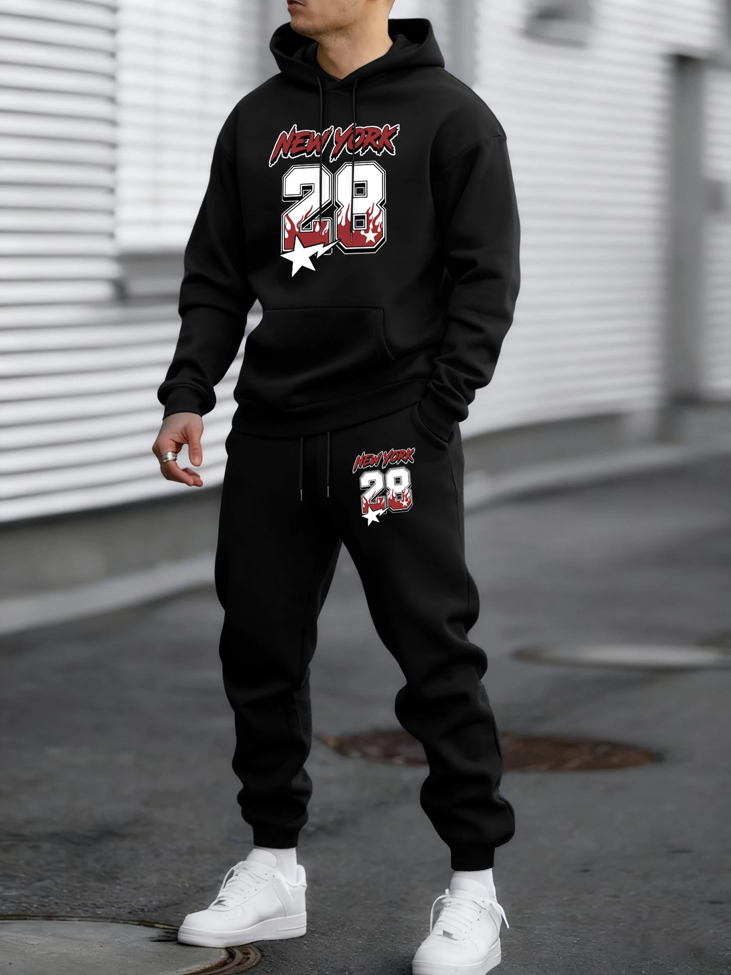 New York 28 Printed Winter Fleece Commute Men Hoodies Pants 2 Piece Set Loose Jogging Sweatpant Basic All-Match Sportswears