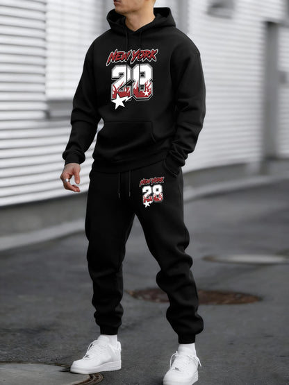 New York 28 Printed Winter Fleece Commute Men Hoodies Pants 2 Piece Set Loose Jogging Sweatpant Basic All-Match Sportswears