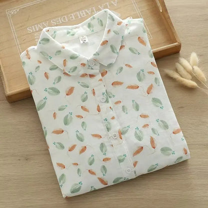 Fresh Women's Mushroom Printed Shirt 2024 New Lady Loose Cotton Long Sleeve Flower Print Shirts & Blouses Female Tops Clothes