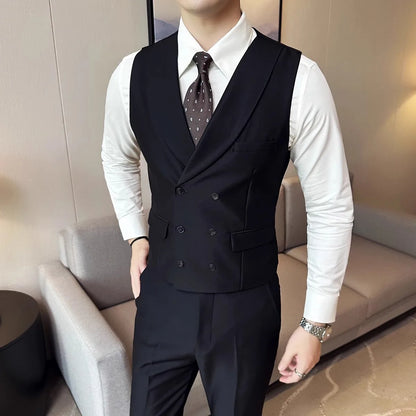 British Style Men's Business Double Row Button Suit Vest Casual Slimming Wedding Best Man Clothes Fashionable Plain Color