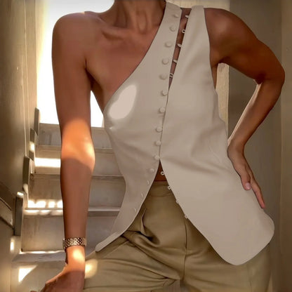 Cryptographic Elegant Asymmetrical Top with Hook and Eye Fashion Sexy Cut Out Backless Split Tops Slim Vest Summer Clothes