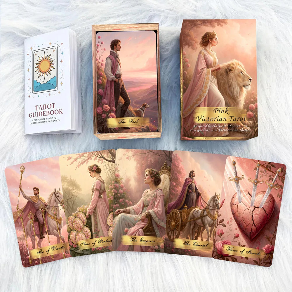 Pink Victorian Tarot Cards Set, 78 Pieces, 13x8 Cm, Romantic & Elegant Design, Includes Paper Instructions, Perfect for Beginner