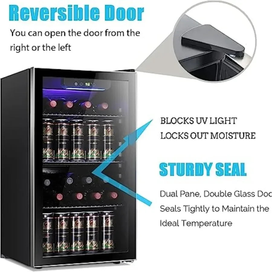 26 Bottle 130 Can Wine Cooler/Cabinet Beverage Refrigerator Mini Wine Cellar Beer Soda Clear Glass Door Bar Fridge Quiet Compre