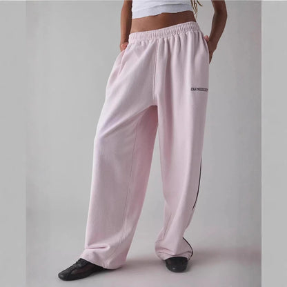 Loose Comfortable Straight Leg Pants Elastic Waist Casual Trousers Mid-Low Waist PVC Fabric Ladies Spring Season Fashion