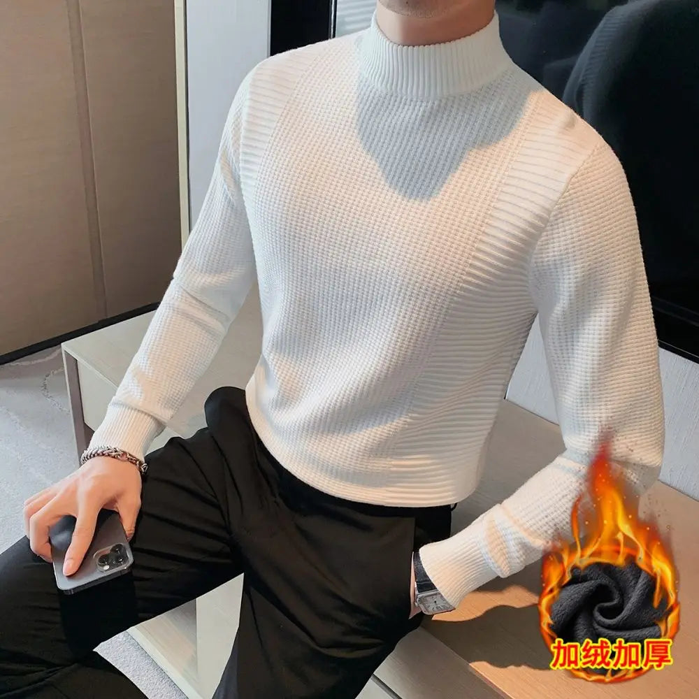 2023 Male High End Fashion Knitted Pullover Sweater Men Half Turtle Neck Winter Woolen Casual Jumper Clothes