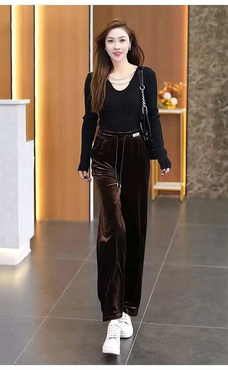 Fashionable Gold Velvet Wide Leg Pants Women's Winter Loose Slimming High Waist Fleece Casual Straight Long Trousers