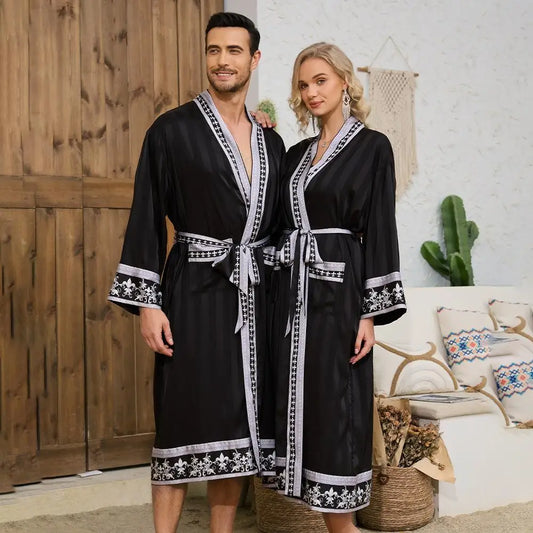 Baroque Style Couple Sleep Robe Long Sleeve Luxury Satin Bathrobe WP3403 Oversize Autumn Winter Home Clothes Men's Robe