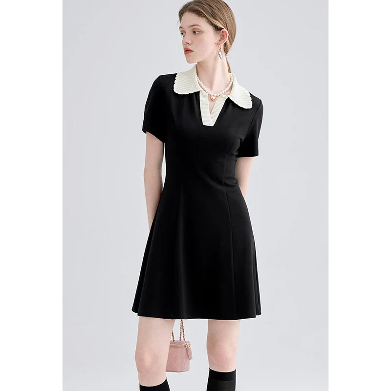 Women Dress Black Elegant Vintage French Style Short Sleeve Cute Casual New Fashion Polo-Neck Office Ladies Mini Dress 2026
