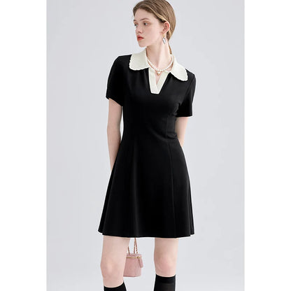 Women Dress Black Elegant Vintage French Style Short Sleeve Cute Casual New Fashion Polo-Neck Office Ladies Mini Dress 2026