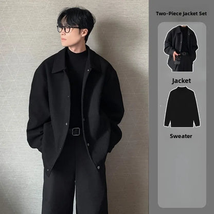 Men's Woolen Jacket Set Casual Autumn Winter Style Youth Long Sleeve Pants Three Piece Suit Elegant Fashionable Men's Wear