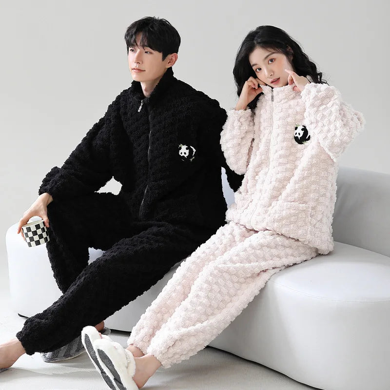 Winter Couple Matching Zipper Pajamas Cardigan Warm Jacquard Velvet Ladies Korean loungewear Men's Thickened Flannel Pijamas set