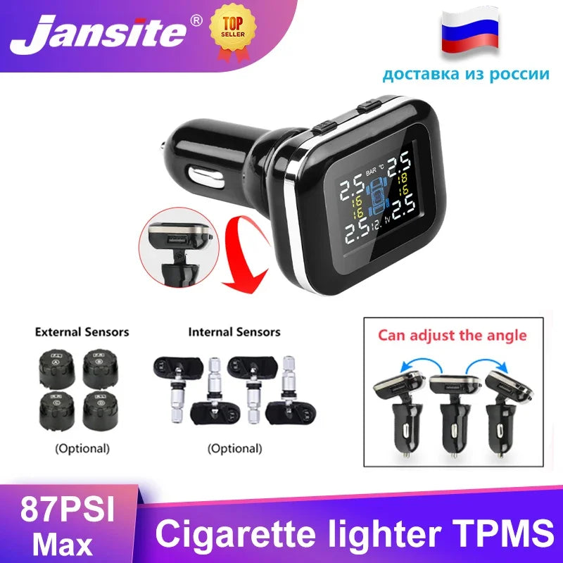 Jansite Car TPMS Cigarette Lighter Tire Pressure Monitoring System Sensors Adjustable Display Angle Auto Security Tpsm Sensor