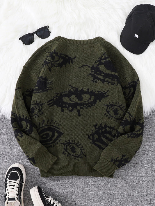 New Trendy Autumn and Winter Abstract Eye Jacquard Pattern Pullover Sweater Casual Round Neck Knitted Men's Pullover