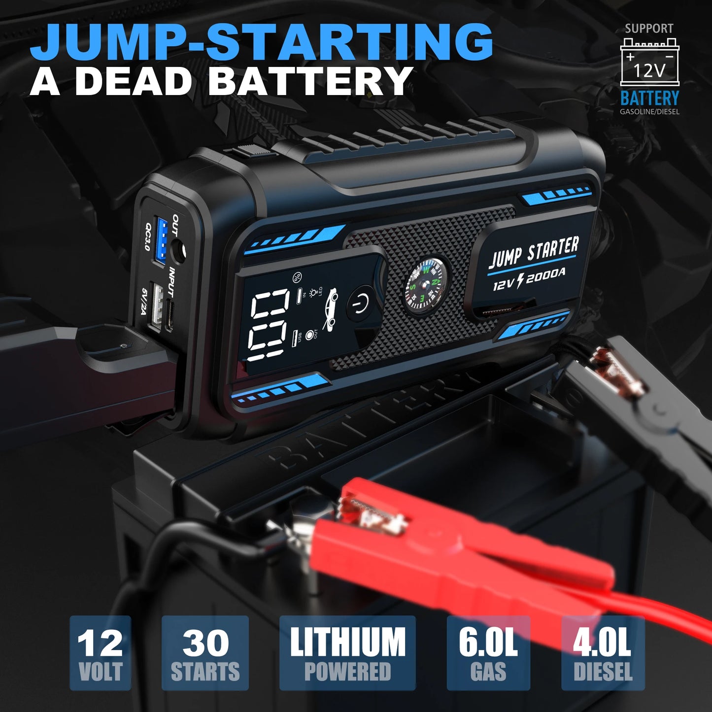 12V 2000A High-capacity portable Car Jump Starter,Multifunctional car booster with lighting charging capabilities