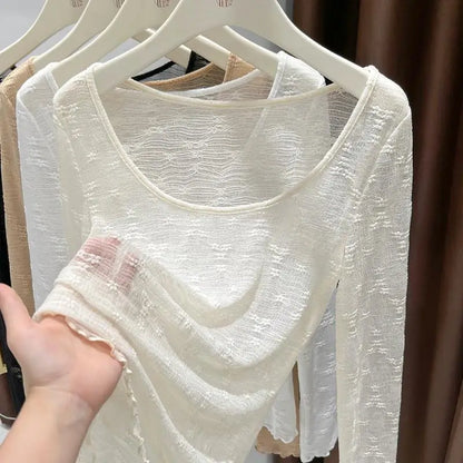 Sexy Lace Base Shirt Inner Wear Light Mesh Top Floral Trim Shoulder Exposure Thin Nylon Fabric Long Sleeve round Neck Spring ...
