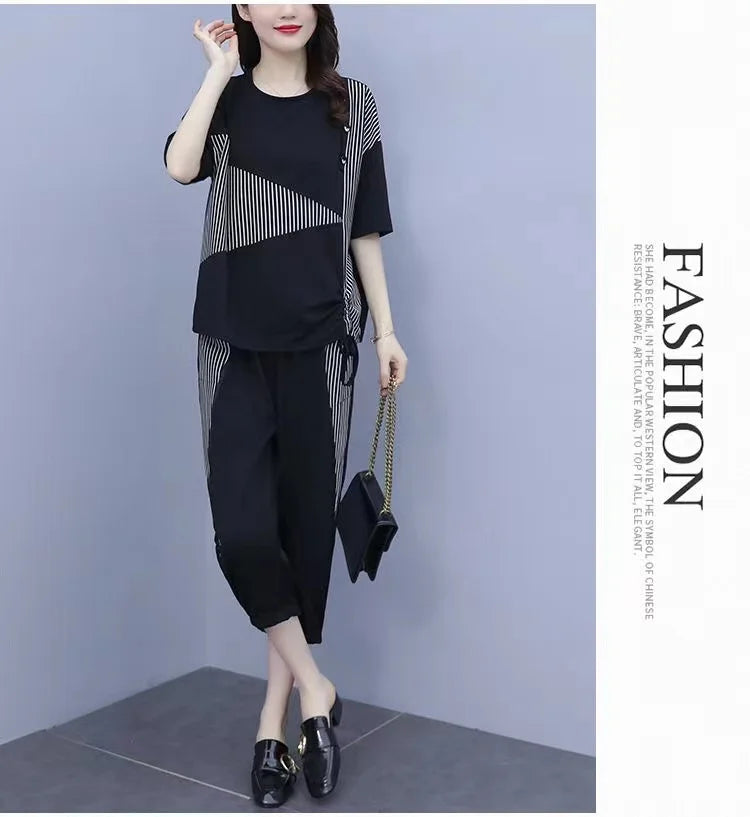 Summer New Style Women's Sporty Casual Short Sleeve TT Shirt Set Large Size Two-Piece Fashionable Korean Trendy Outfit