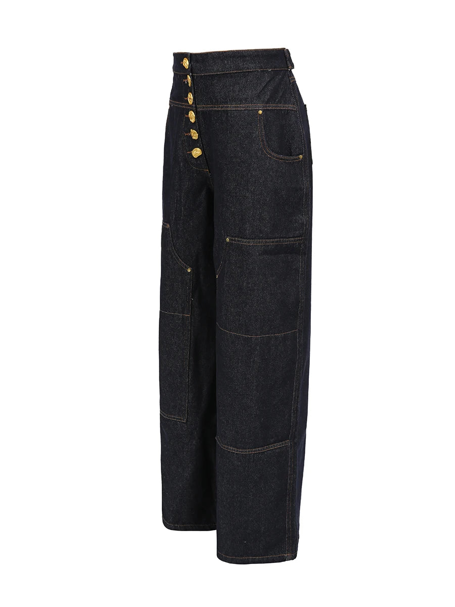 VGH Solid Spliced Button Loose Denim Two Piece Sets For Women Lapel Long Sleeve Top High Waist Pants Chic Set Female Fashion