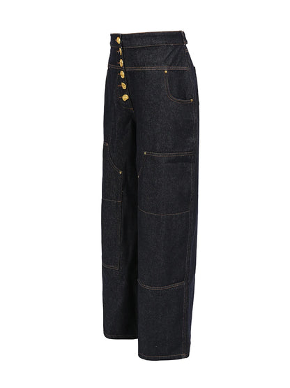 VGH Solid Spliced Button Loose Denim Two Piece Sets For Women Lapel Long Sleeve Top High Waist Pants Chic Set Female Fashion