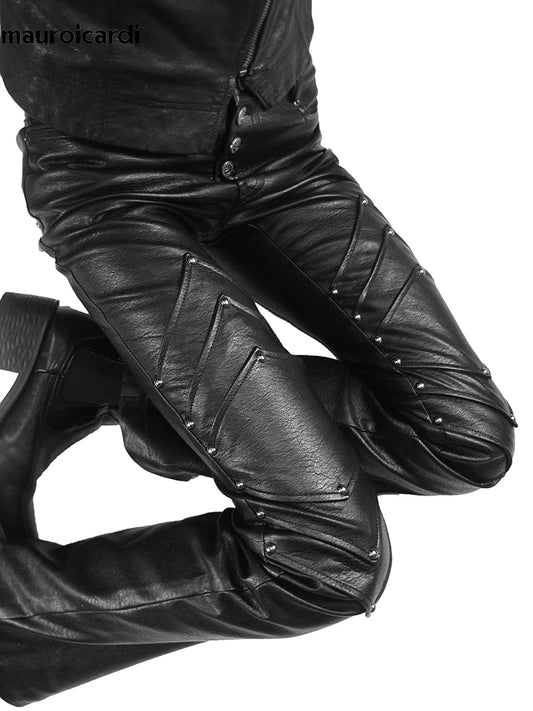 Mauroicardi Spring Autumn Long Black Fitted Pu Leather Pants Man Rivet Luxury Brands Original Alternative Punk Style Clothes
