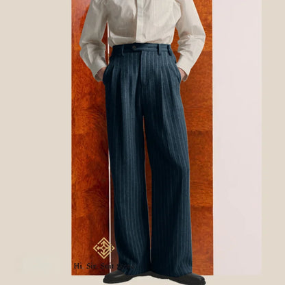 Men's High-Street Vintage Striped Pants Drapey Silhouette Melange Old Money Style Elegant Casual Trousers for Gentlemen Fashion