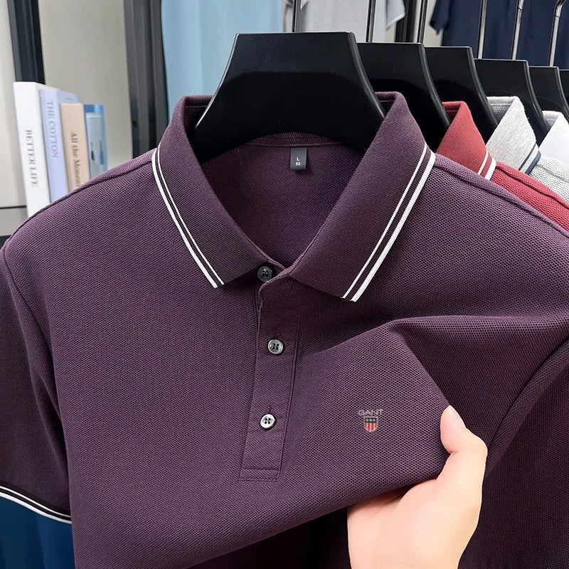 Summer men's exquisite embroidered short-sleeved POLO shirt 100% cotton breathable striped lapel daily business casual T-shirt