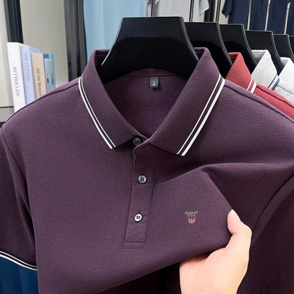 Summer men's exquisite embroidered short-sleeved POLO shirt 100% cotton breathable striped lapel daily business casual T-shirt