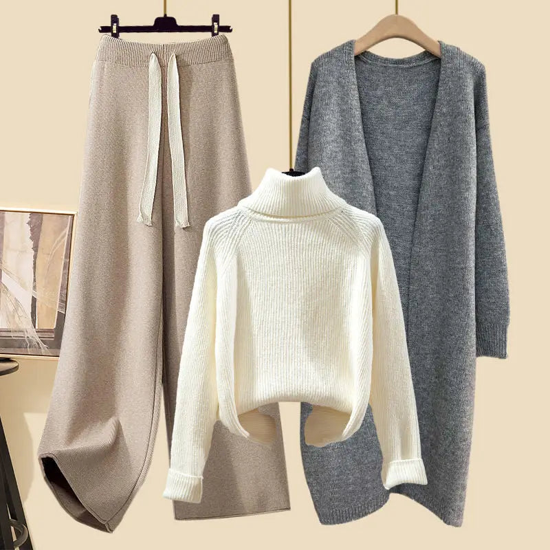 Fashionable Knitted Three-Piece Set Women's Autumn New Lazy Style Open Cardigan Outerwear Slimming Wide Leg Pants