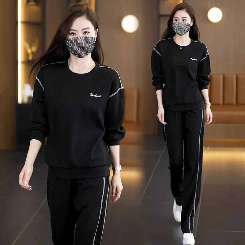 Ladies Large Size Cotton Embroidered Sportswear Set Casual Long Pants Two-Piece Fashionable Outfit for plus Size Women
