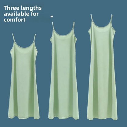 Summer Thin Ice Silk A-Line Dress Women's Casual Long Gown Inner Wear Vest Dress plus Size Korean Style Loose Waist Design