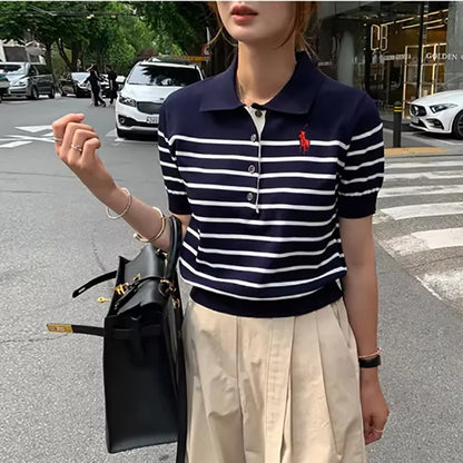 Women's POLO T-shirt Summer New Wool Knitted Short Sleeve Casual Striped Blouse Ladies' Clothes Lapel Pullover Tees Loose Tops