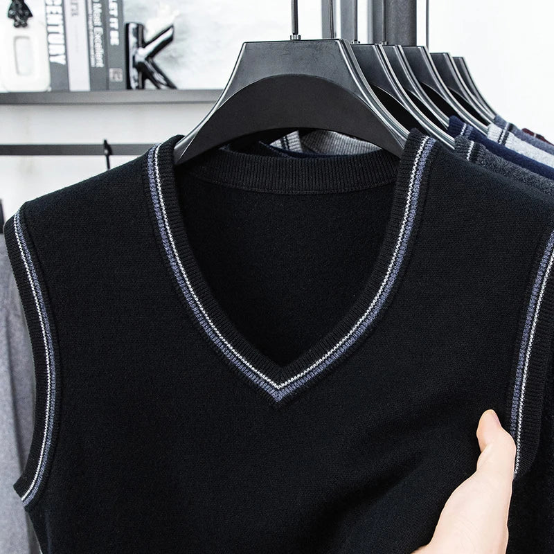 Autumn and Winter Solid Color Knitted V-neck Tank Top Men's Sleeveless Tank Top Warm Tank Top Middle Aged Shoulder Sweater