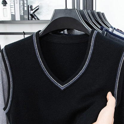 Autumn and Winter Solid Color Knitted V-neck Tank Top Men's Sleeveless Tank Top Warm Tank Top Middle Aged Shoulder Sweater