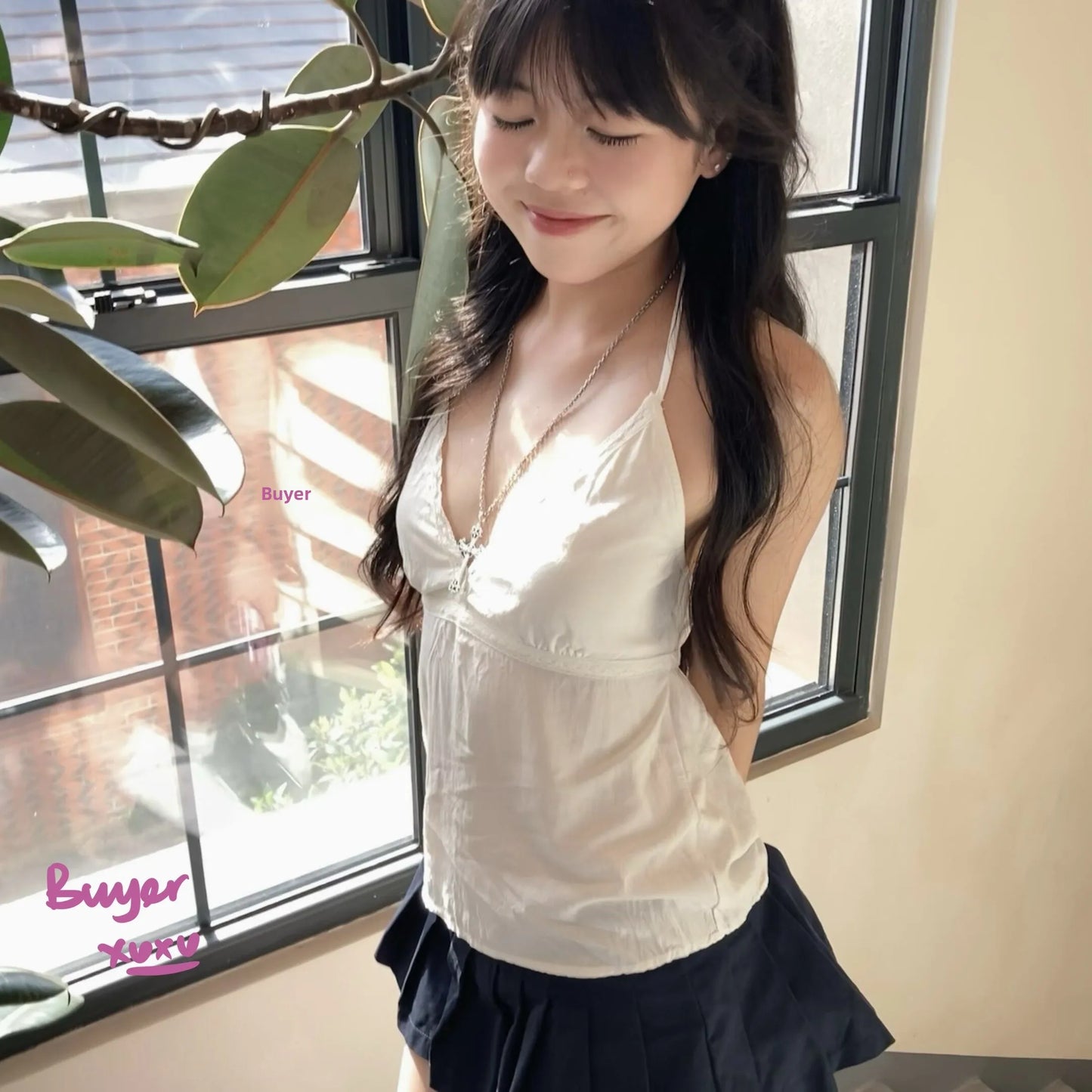 Brandy Melville Pure Cotton Three-Button Base Layer Vest Sweet Style V-Neck Sleeveless Tank Top for Women Spring Summer