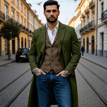 Men's Double-Breasted Trench Style Coat Thickened Warm Lined Jacket Windproof Fashionable Outdoor Wear