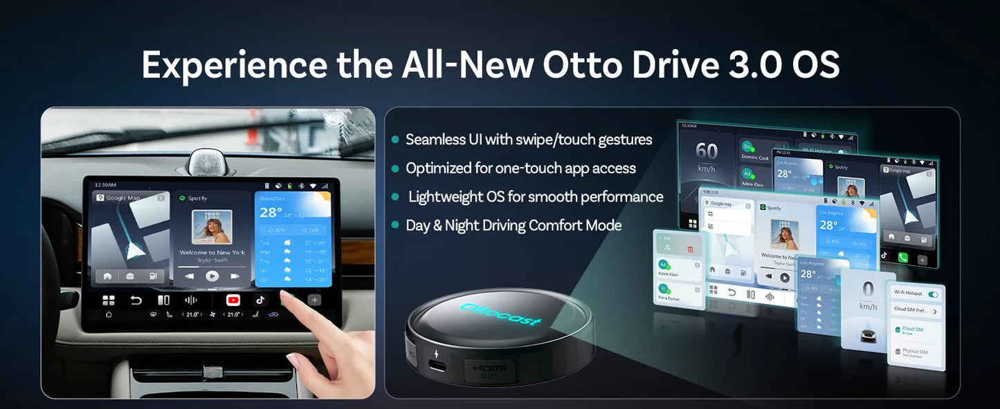 OTTOCAST P3 Pro Android Car Box Smart Car System for Car with AI Voice Assistant Cloud SIM 4G Dual Screen Fast Wireless Connecti