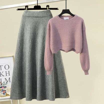 plus Size Women's Autumn Winter Knitted Sweater White Half-length Skirt Two-piece Set Slimming Concealing Anti-aging