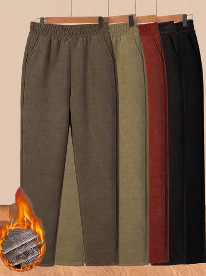 Women's Autumn Winter Thickened Corduroy Straight Leg Pants High Waist Elastic Closure Warm Casual Trousers Fashionable