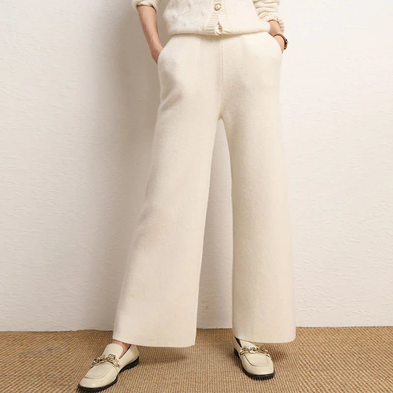 Women's 100% Cashmere Wide Leg Pants Knitted Thick Autumn/Winter Casual Solid Color Elastic Waistband Pockets
