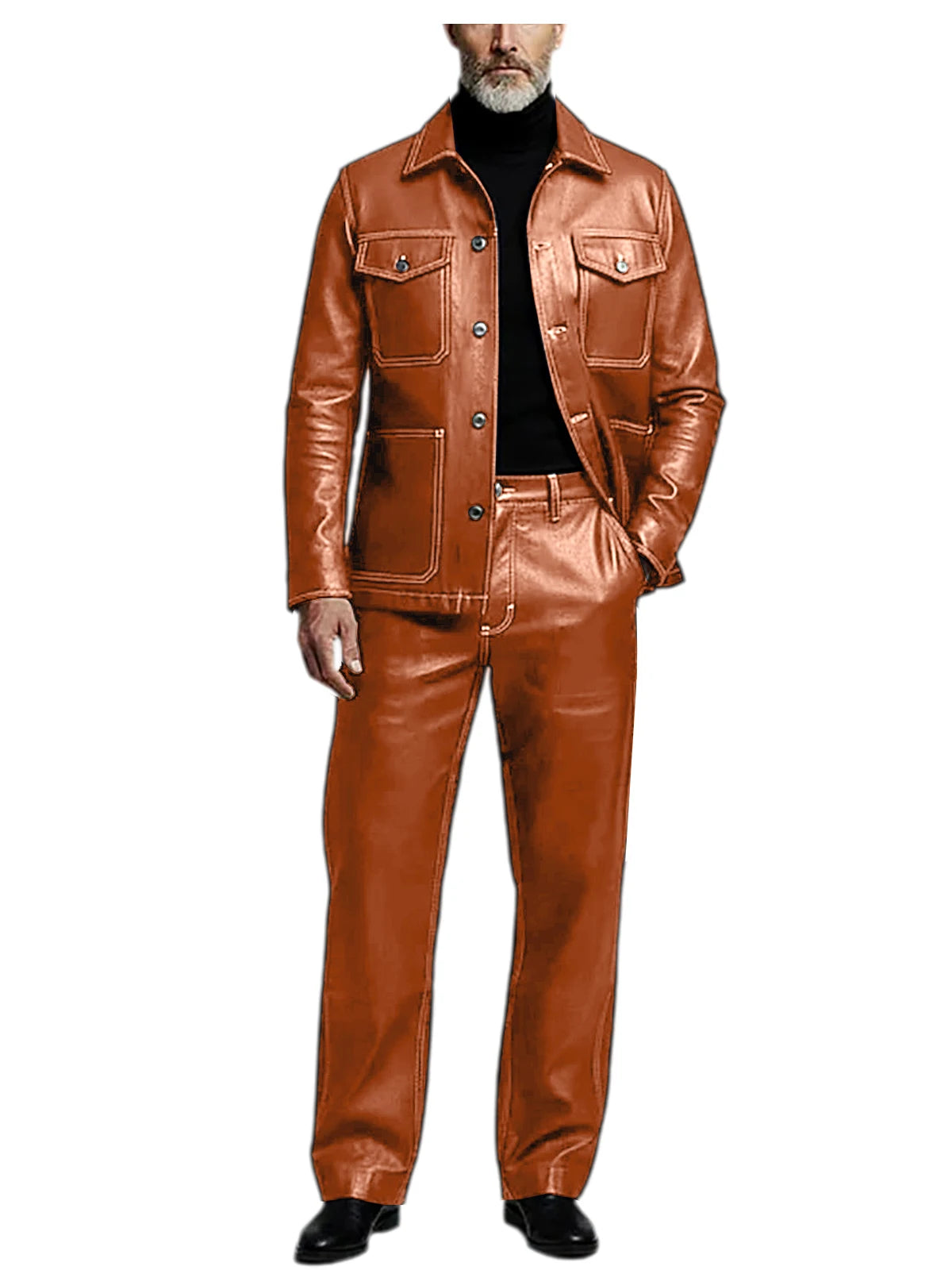Men's 2 Piece PU Leather Suit Set Multi Pocket Shirt Collar Trucker Jacket Straight Leg Pants Business Casual Streetwear Outfits