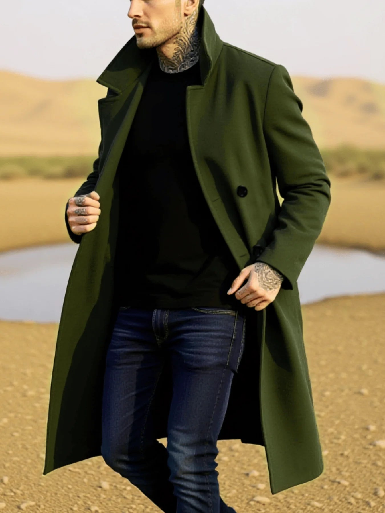 Winter Essential Trench! Men's Woolen Coat With Lined Early Autumn Classic Trench Style, Solid Jacket, Travel Ready!