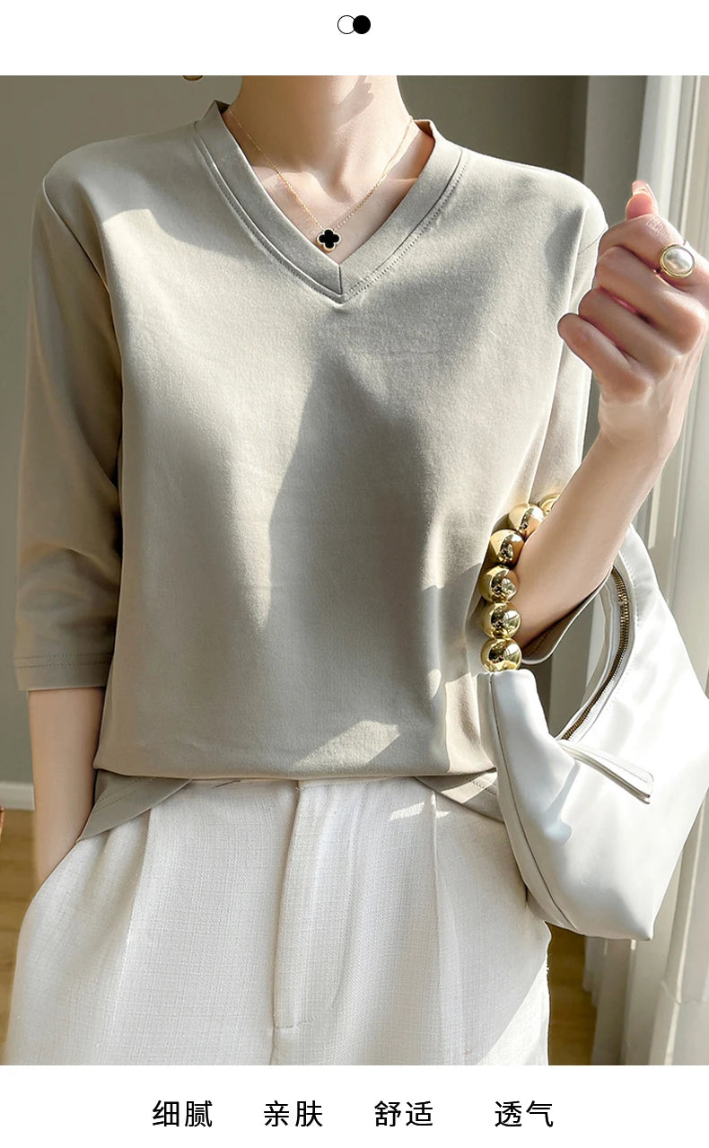 Spring And Summer New White Mercerized Cotton Cropped Sleeve T-shirt Feminine Joker 100% Cotton Bottoming Shirt Half Sleeve