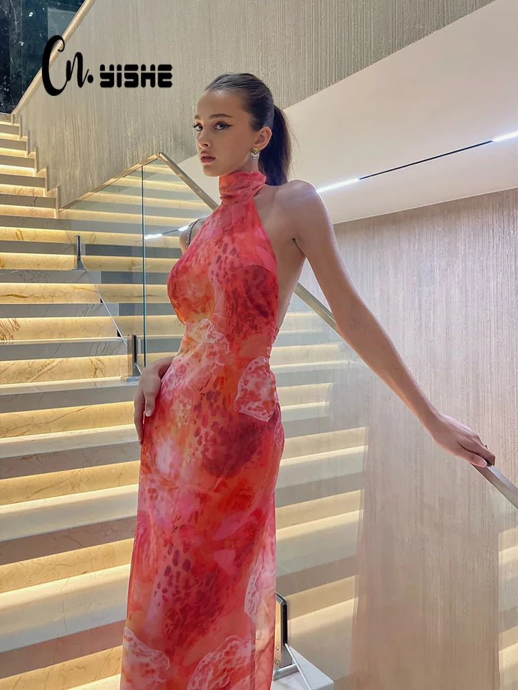 CNYISHE Prints Mesh Sheer Halter Sleeveless Backless Sheath Fashion Holiay Outfits Chic Sexy Club Women Dresses Female Bodycon