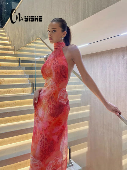 CNYISHE Prints Mesh Sheer Halter Sleeveless Backless Sheath Fashion Holiay Outfits Chic Sexy Club Women Dresses Female Bodycon
