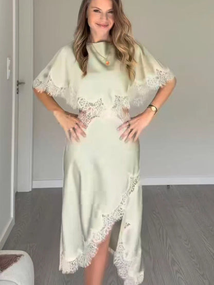 New Women Sexy Cut Out Dresses Solid Lace Spliced Short Cape Sleeve Asymmetric Midi Dresses Summer Ladies Elegant Party Dress