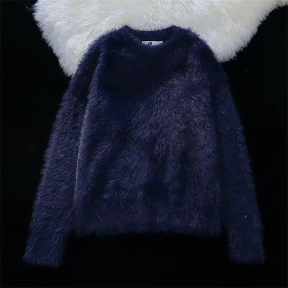 Winter faux mink fur soft and sticky solid color sweater with a high-end feel, men's and women's long sleeved warm round neck kn