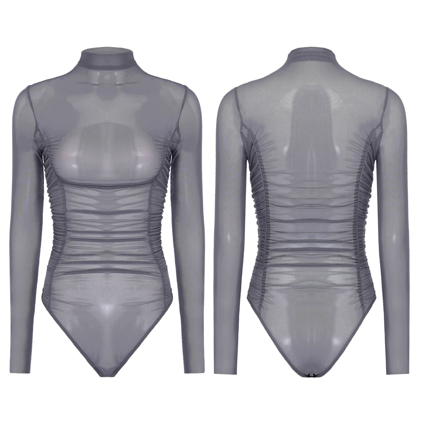 Womens Nightclub Beach Bodysuit Sheer Mesh Side Ruched High Collar Long Sleeve Button Crotch Leotard See Through Cover Up Outfit