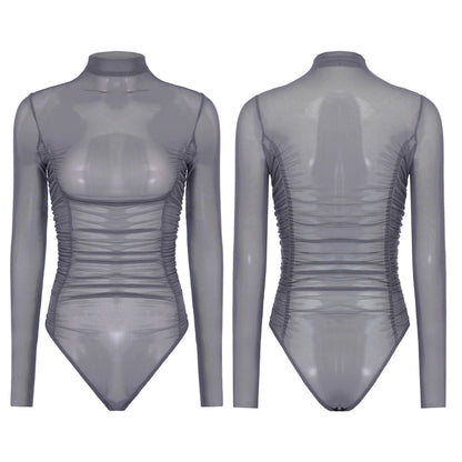 Womens Nightclub Beach Bodysuit Sheer Mesh Side Ruched High Collar Long Sleeve Button Crotch Leotard See Through Cover Up Outfit