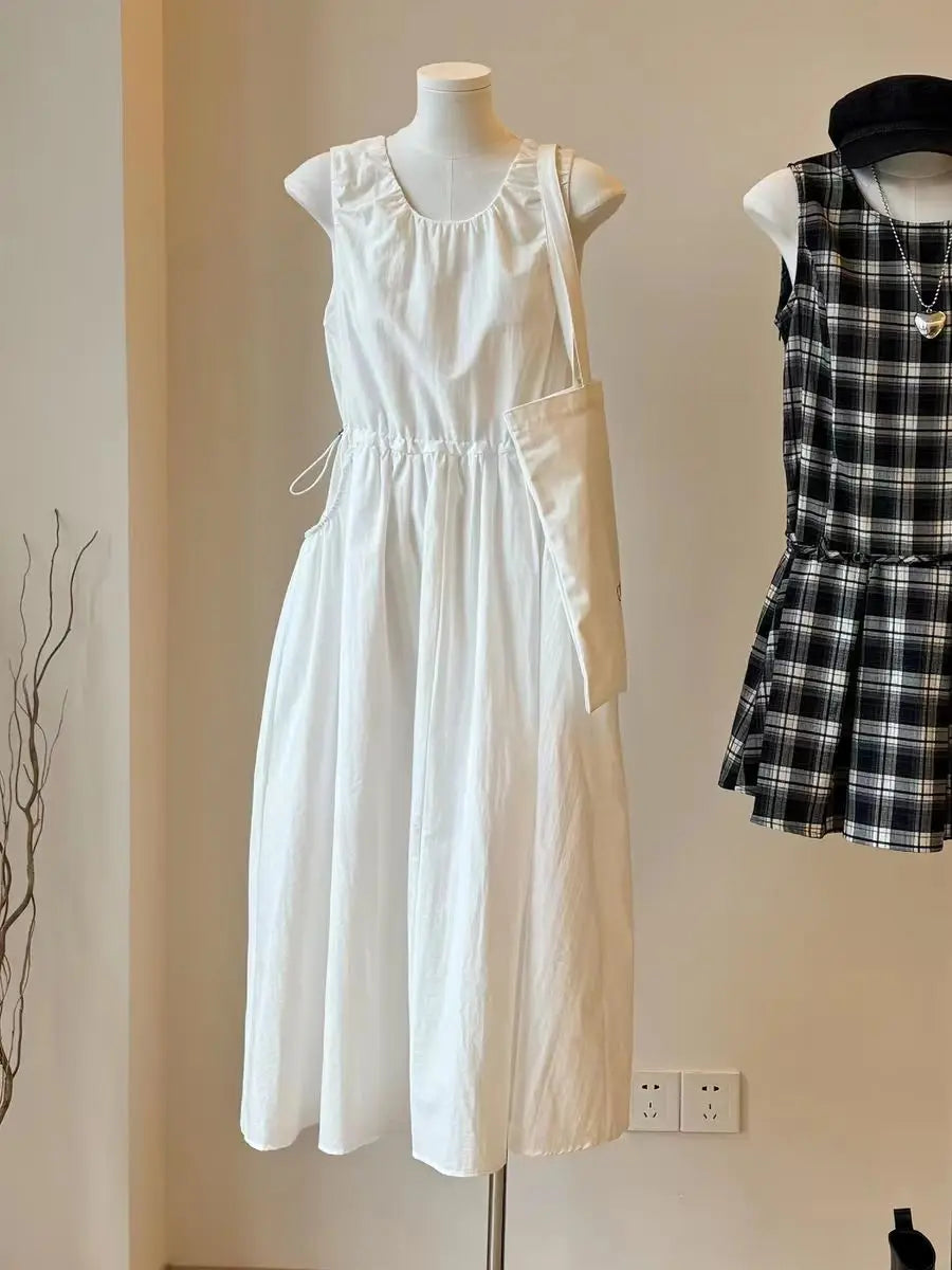 Casual Korean Style Drawstring Waist Vest Dress Loose Fit Summer New Arrival Women's Dress Comfortable Cotton A-Line Skirt